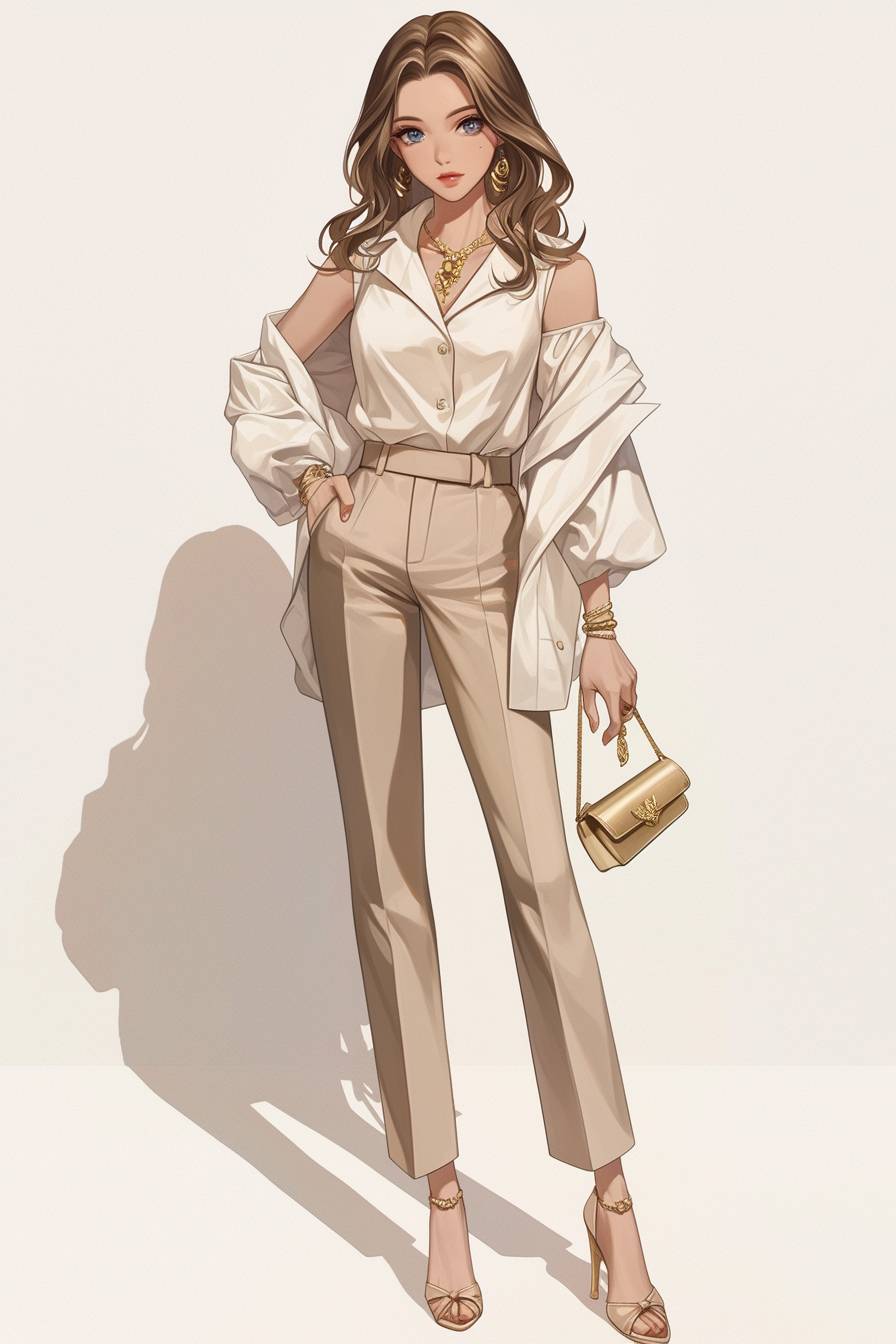 Chica de anime elegante con blusa blanca y pantalones beige, accesorios de collar dorado y bolso minimalista, irradiando sofisticación.