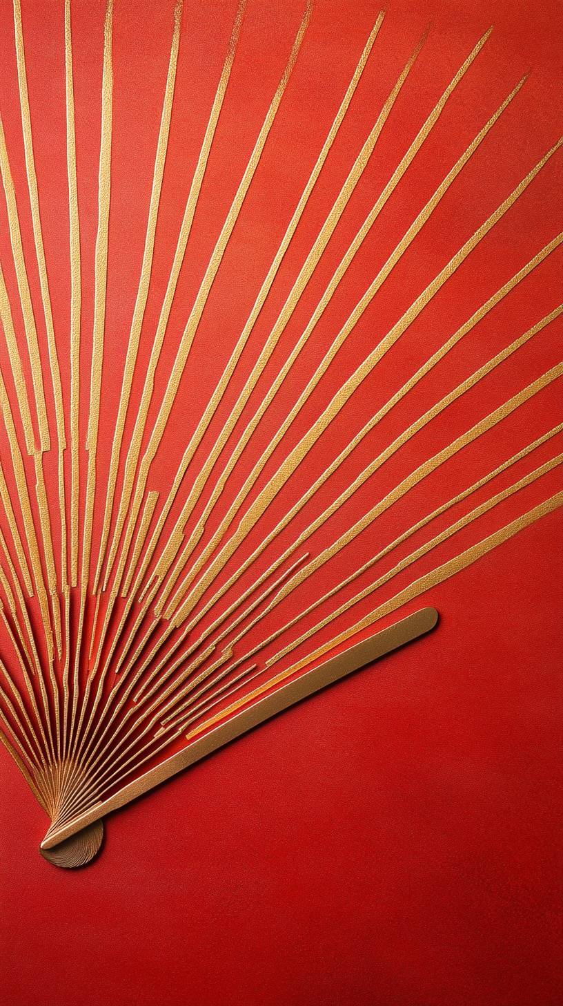 A minimalist red Chinese fan design with delicate gold lines, embodying harmony and balance.