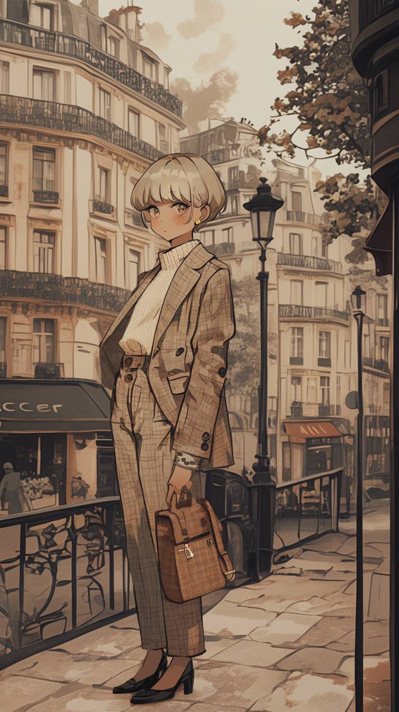 Une fille portant une veste en tweed Sandro, un pantalon cigarette et des mocassins Gucci dans une scène de rue parisienne.