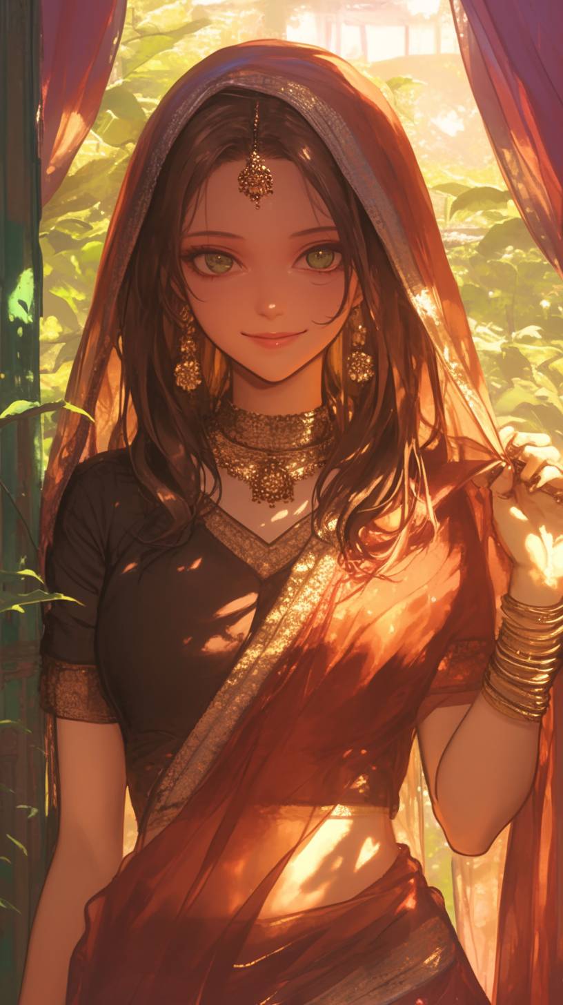 An Indian anime girl in modern yet traditional Mumbai style, wearing a bright embroidered sari and statement jewelry, with a bindi on her forehead.