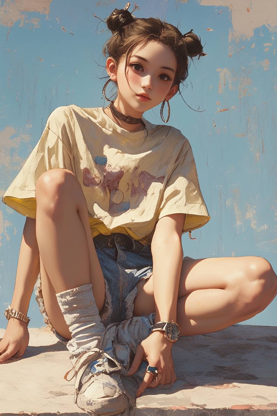 Une fille portant un t-shirt vintage de groupe large et un short en denim déchiré pose de manière décontractée devant un fond d'art de rue.