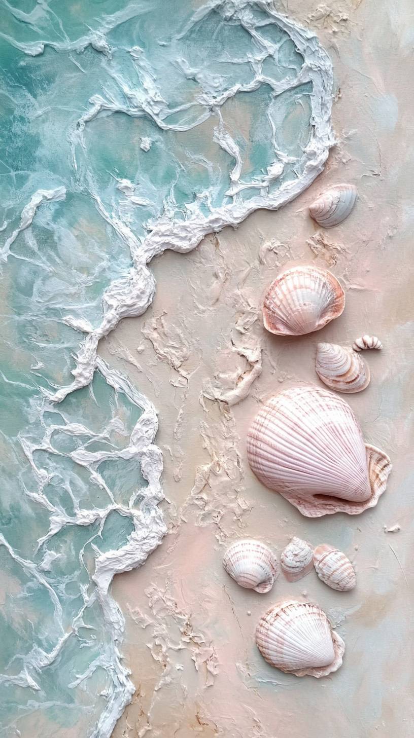 Ruhiger Strand mit sanften pastellfarbenen Muscheln, sanften Wellen und gelassener Stimmung.