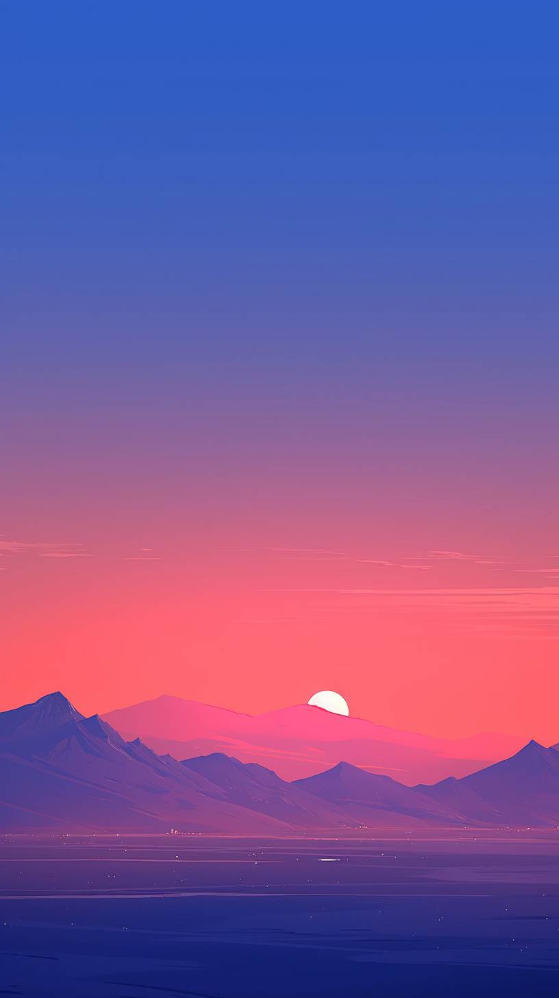 Coucher de soleil doux en dégradé avec silhouette de montagne minimaliste, oranges et violets chauds, esthétique apaisante