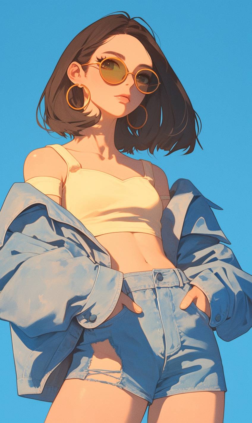 Garota de desenho animado vestindo uma jaqueta cropped, shorts de jeans rasgados de cintura alta e óculos de sol grandes, transmitindo uma sensação legal e relaxada.