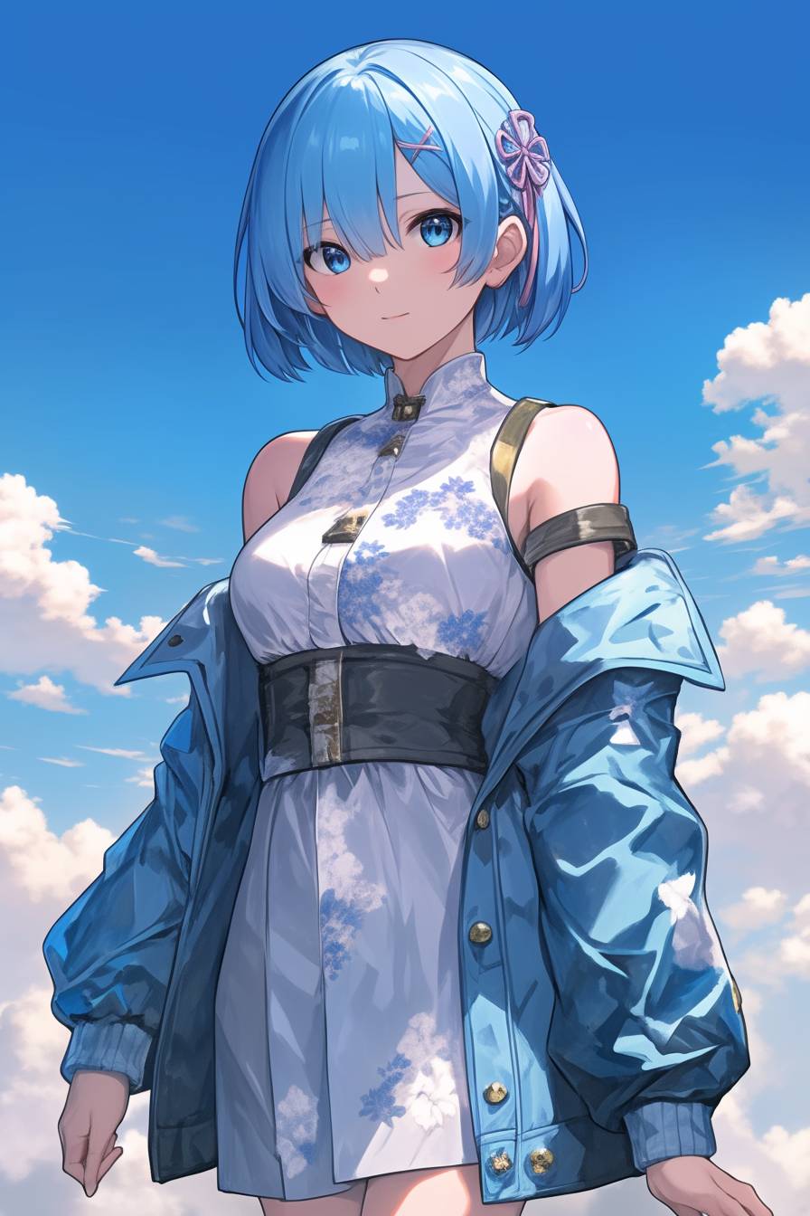 Rem de Re:Zero lleva un vestido simple pero cute de color azul claro y medias blancas, sosteniendo una cesta mientras camina por un prado con una expresión dulce y suave.