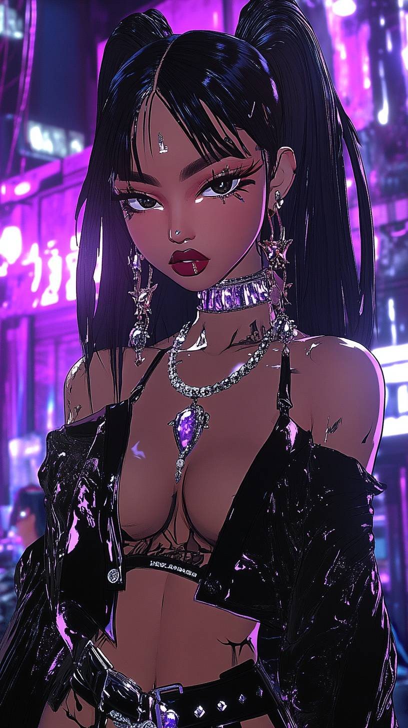 Eine Anime-Figur trägt ein individuelles Mugler-Outfit im Cardi B-Stil, ergänzt durch markante Schmuckstücke und dramatische Haare in einer luxuriösen Clubszene.