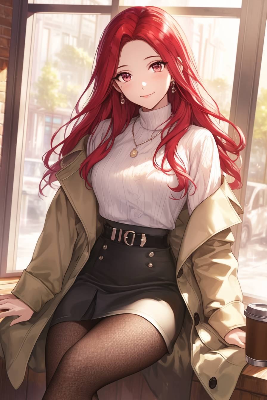 Erza Scarlet está usando uma blusa branca, saia de jeans e botas marrons, sentada em um café, irradiando um ar pensativo e confiante.