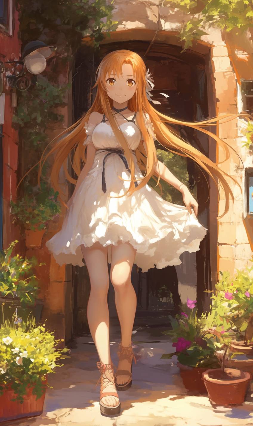 Yuki Asuna lleva un vestido de encaje blanco y sandalias rojas, paseando elegantemente por un jardín soleado.