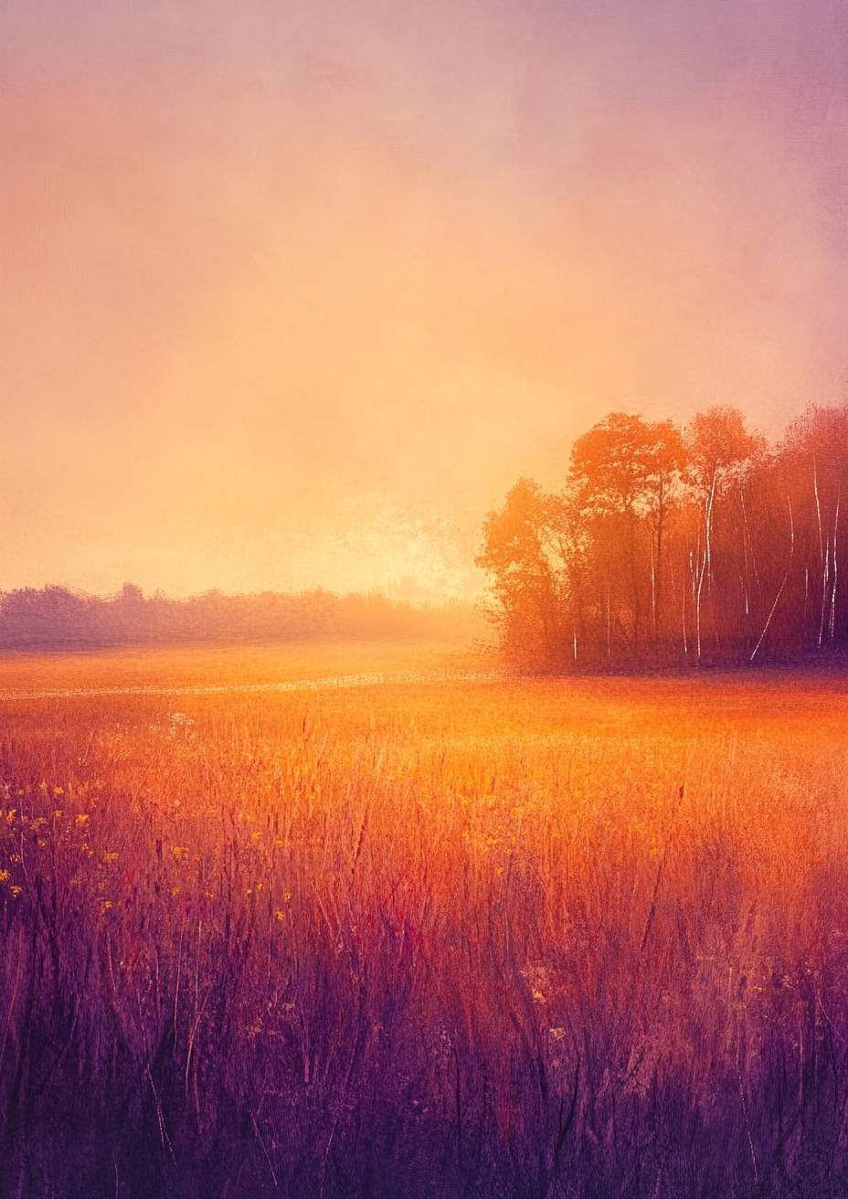 Soft-focus sunset over a tranquil field, warm orange and purple hues, calm mood.