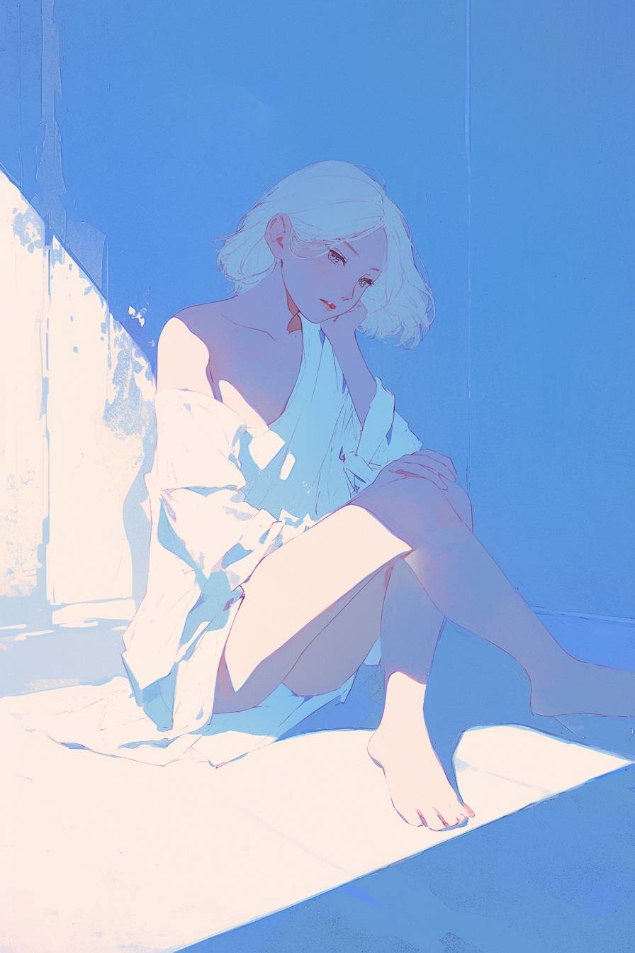 Une fille anime minimaliste dans une pièce simple, avec un éclairage doux, des lignes épurées et des murs pastel.