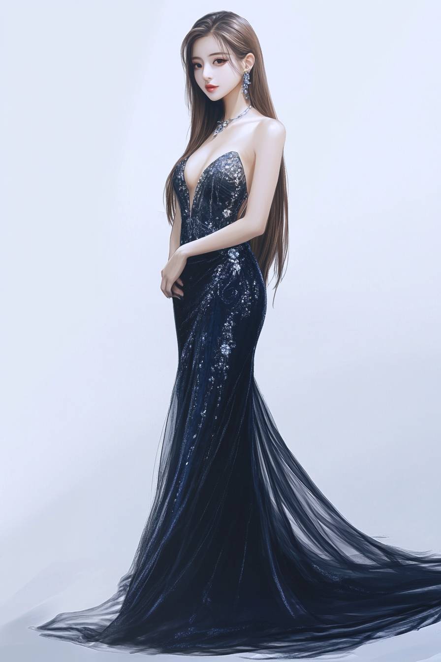 Uma garota em um elegante vestido de noite exibe o estilo de Tzuyu do Twice.