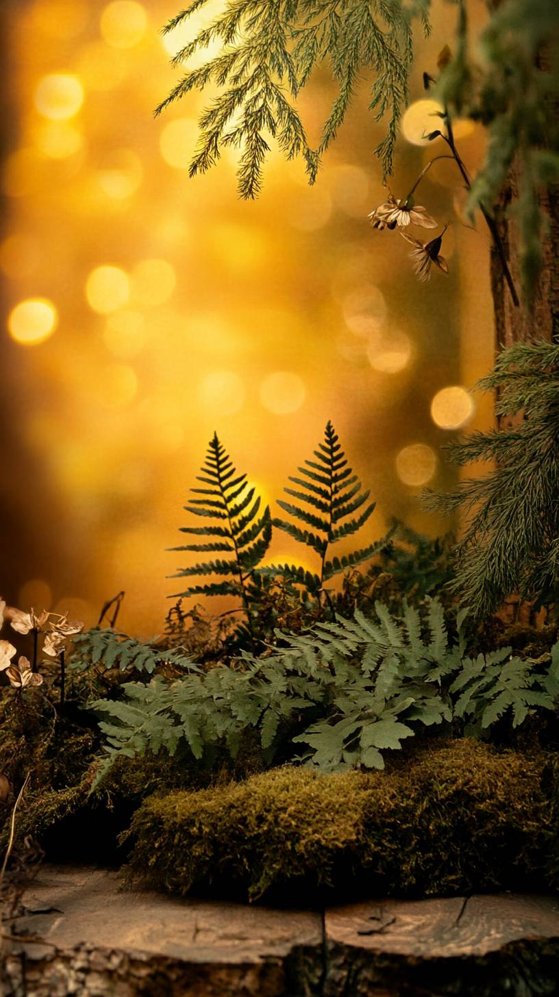 Ancient forest floor with ferns and moss, filtered light, magical woodland.