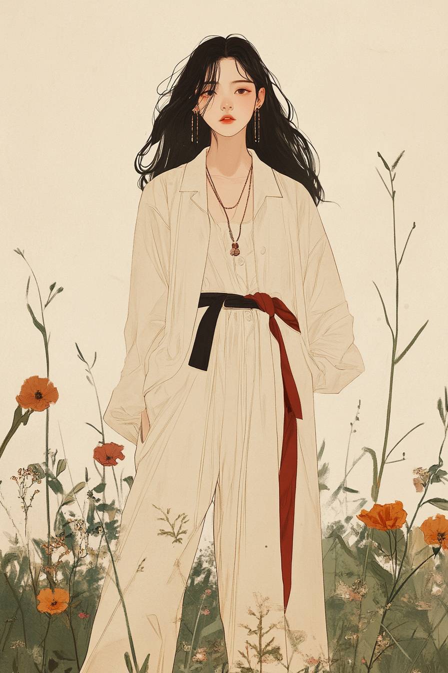 A girl in Tang Wei style, wearing a minimalist designer outfit and subtle jewelry, with natural styling.