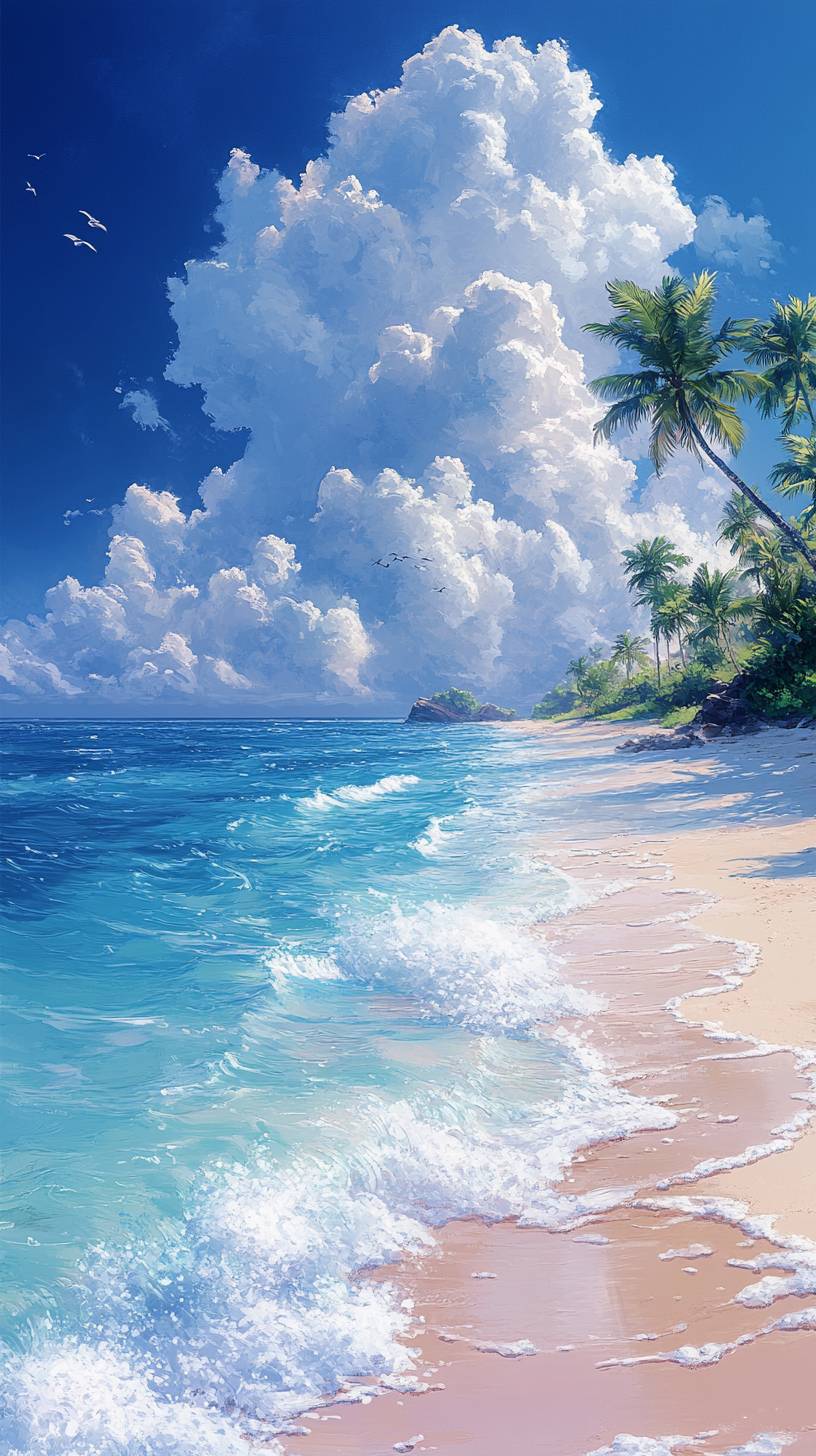 The painting showcases the sandy beach and horizon with vibrant light reflections.