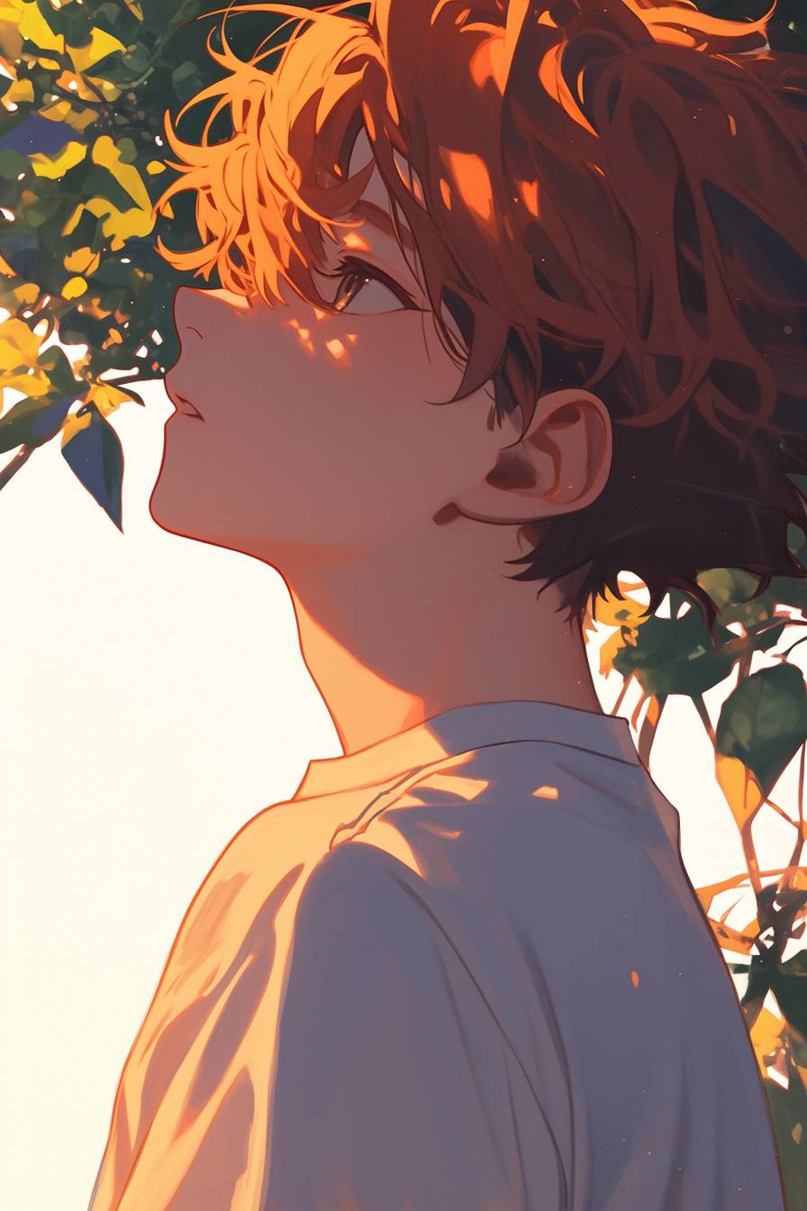 A minimalist anime boy in a simple nature scene with soft shadows and light gradients.