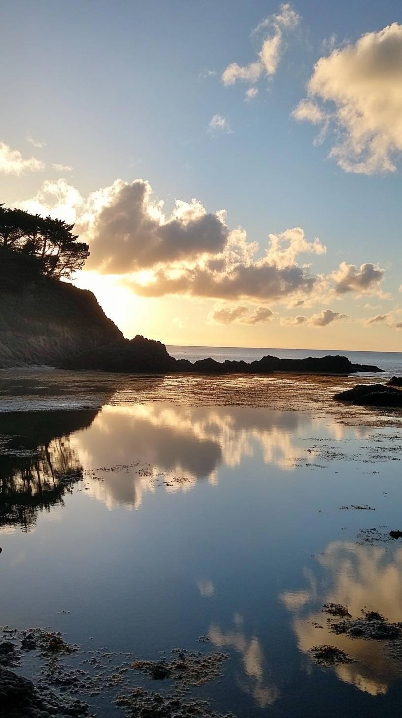 Laguna costera al atardecer, aguas tranquilas y nubes dispersas con un reflejo natural.