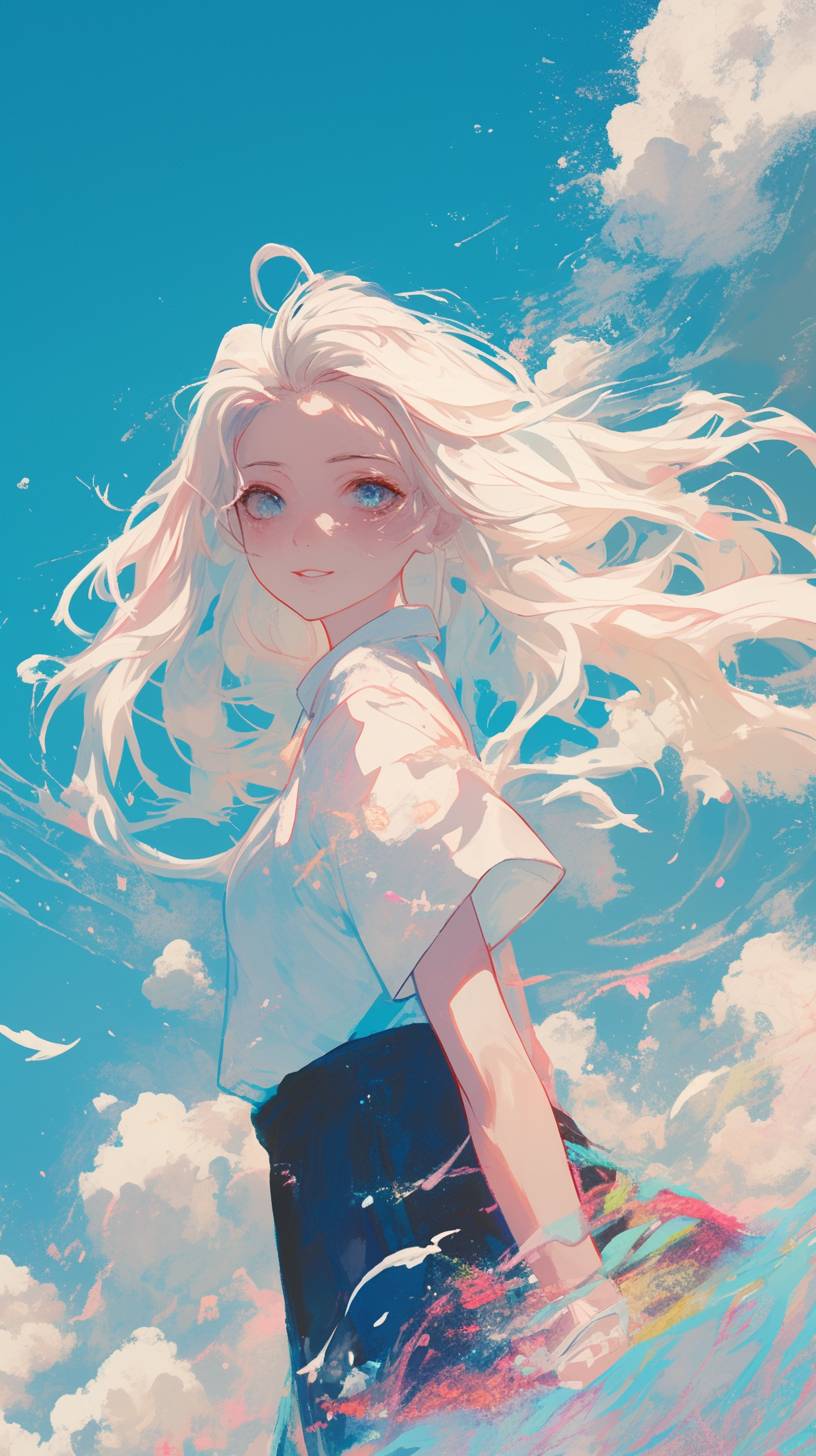 Cute anime character with flowing hair and a dreamy sky in gentle colors.