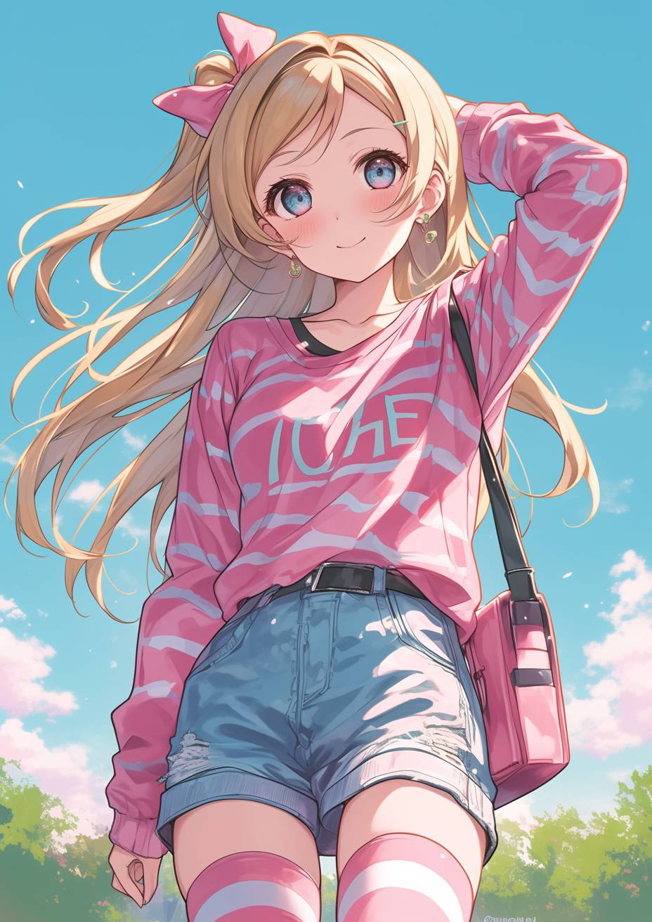 Chitoge Kirisaki from Nisekoi in a pink t-shirt, denim skirt, and knee-high boots, carrying a backpack and strolling energetically down the street.