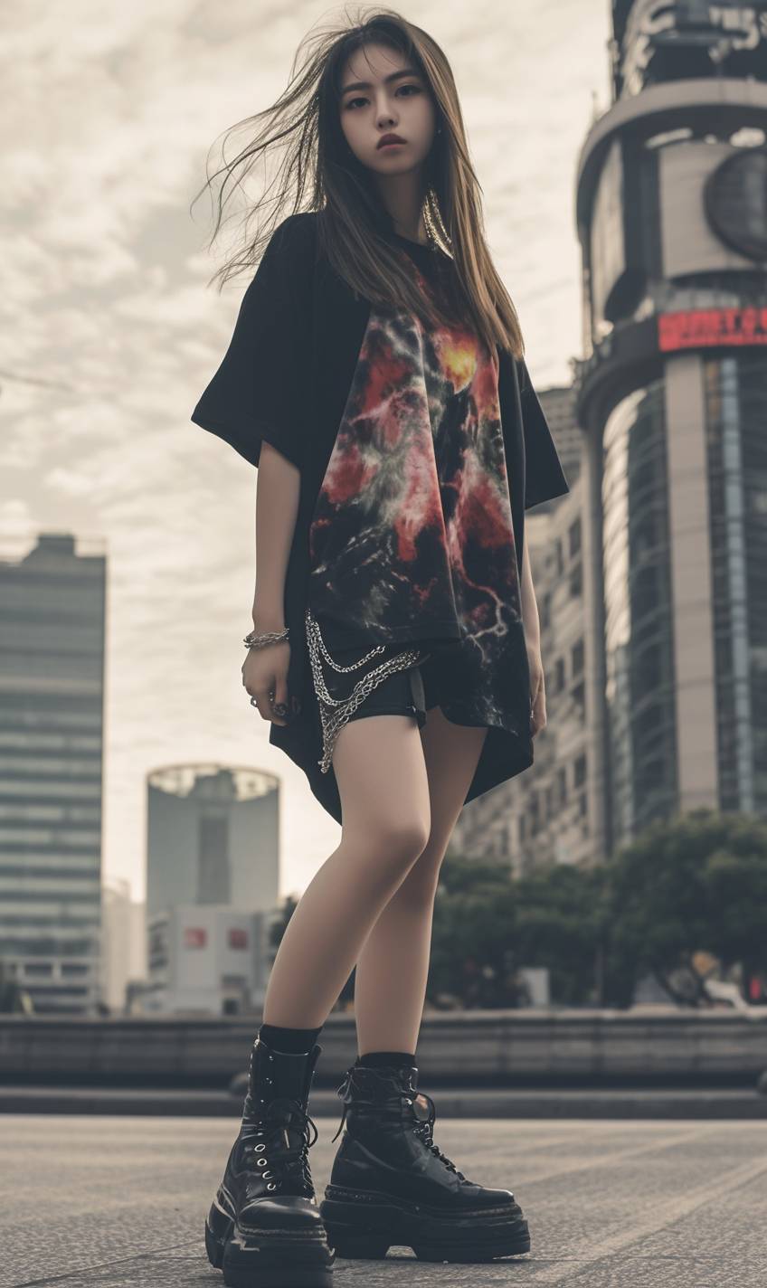 Una chica con camiseta de tie-dye y pantalones cortos, luciendo estilo urbano con botas gruesas.