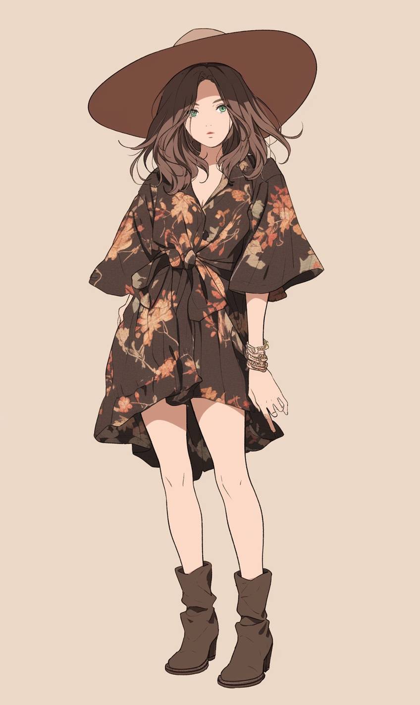 Anime girl in a floral wrap dress, brown wide-brimmed hat, and tan ankle boots, channeling Billie Eilish's artistic fashion.