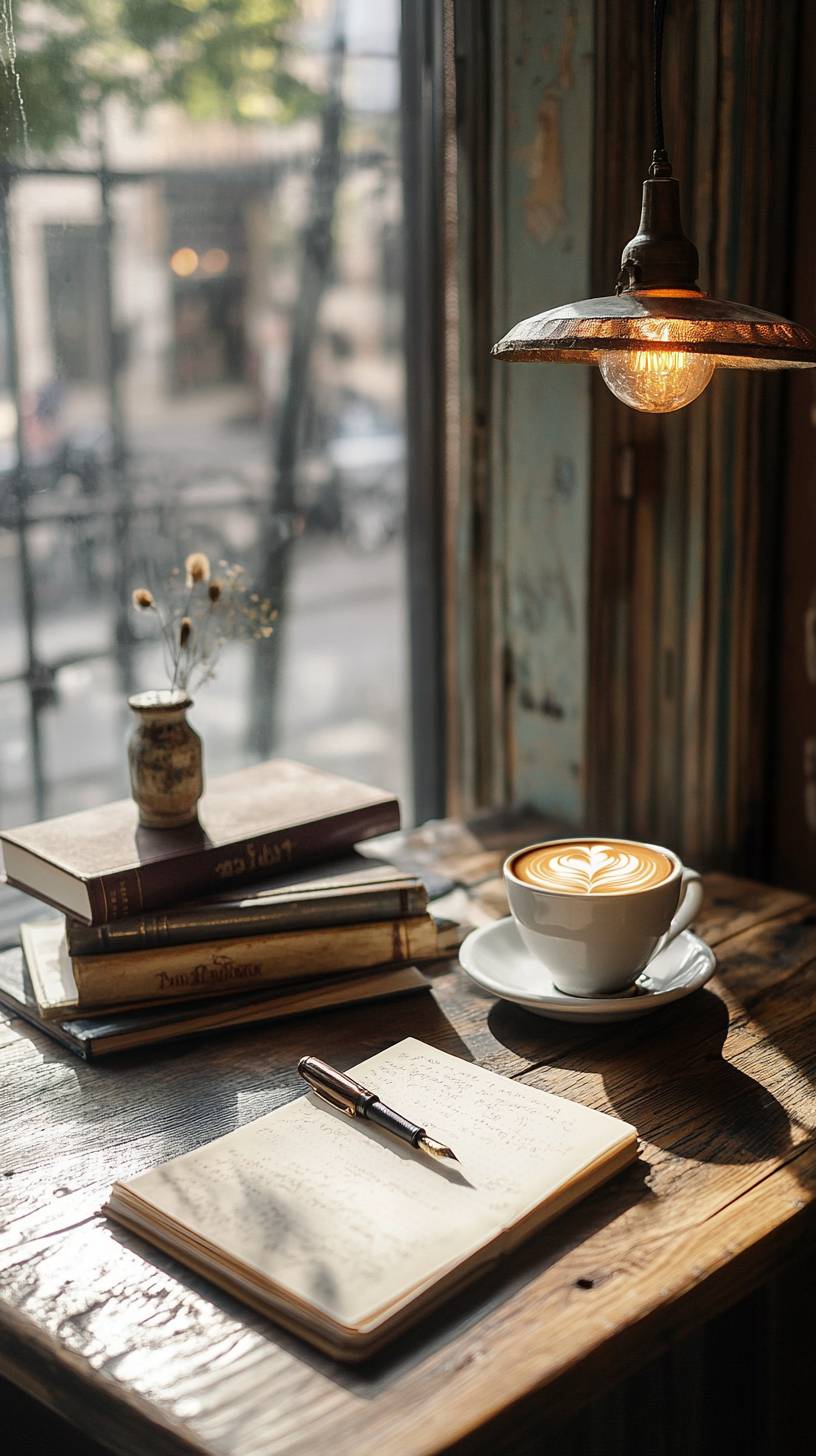 Esquina de café vintage, lámpara de colgar antigua, libros de arte esparcidos, café con arte latte junto a una pluma fuente y un diario, sombras suaves.