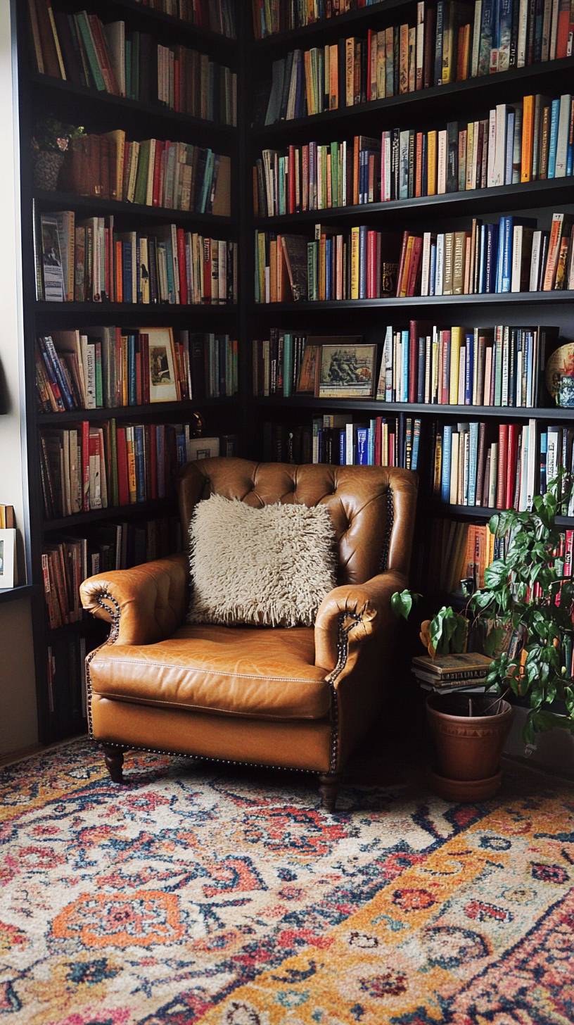 Bibliothèque minimaliste avec des étagères du sol au plafond, un fauteuil en cuir, un tapis bohème et un coin lecture