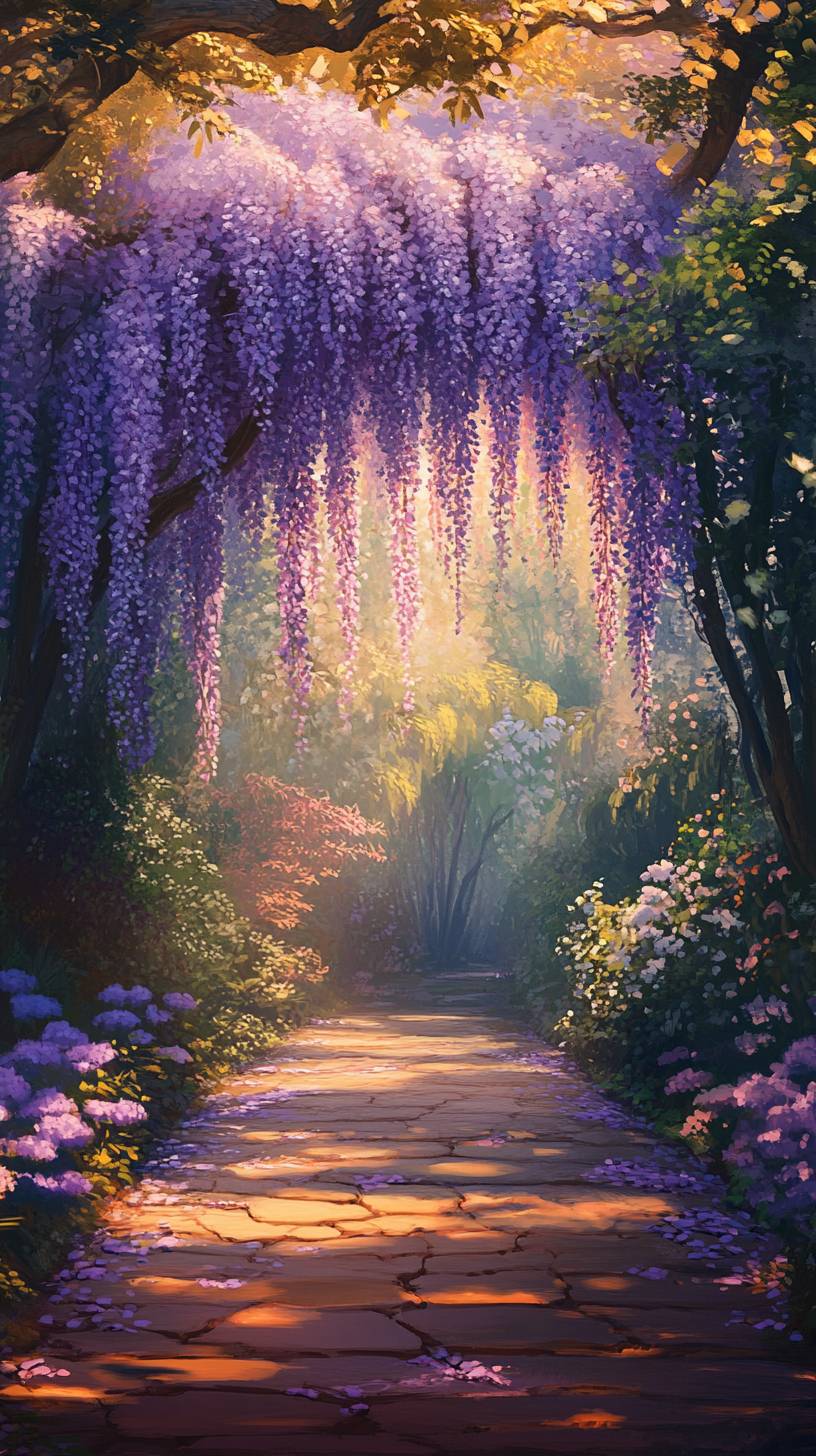 Frühling Wisteria Gartenweg mit fallenden lila Blumen und sanftem Abendlicht, das eine romantische Atmosphäre schafft.