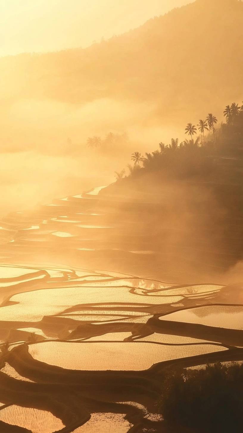 Rice terraces at dawn, morning mist in valleys, subtle sun rays create a peaceful Asian landscape.