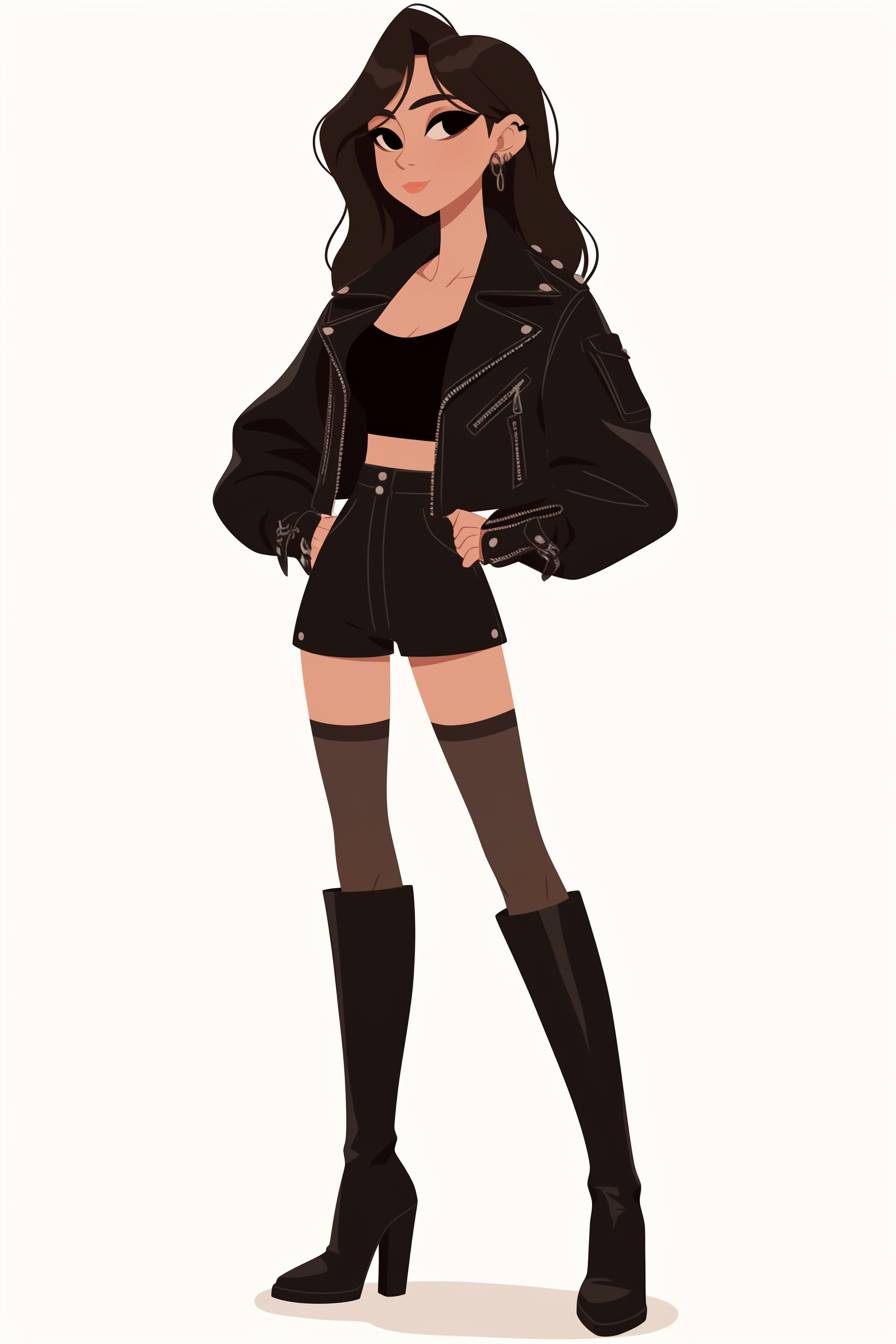 A stylish cartoon woman wears a leather jacket, black high-waisted shorts, and black knee-high boots, exuding a chic, edgy vibe.