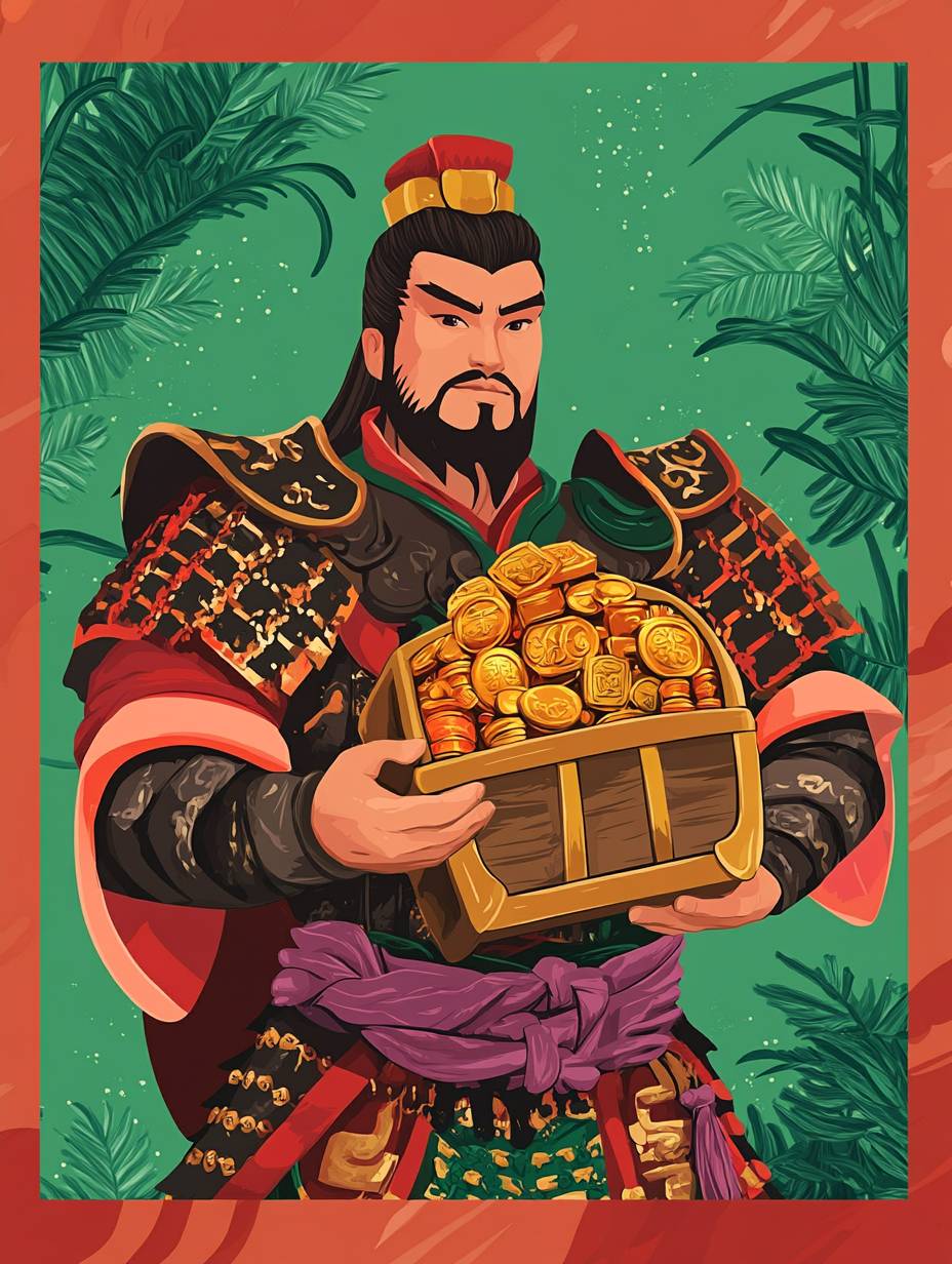 The design features an ancient Chinese general holding a treasure chest on a hand-painted red envelope cover with a green background and vibrant colors.