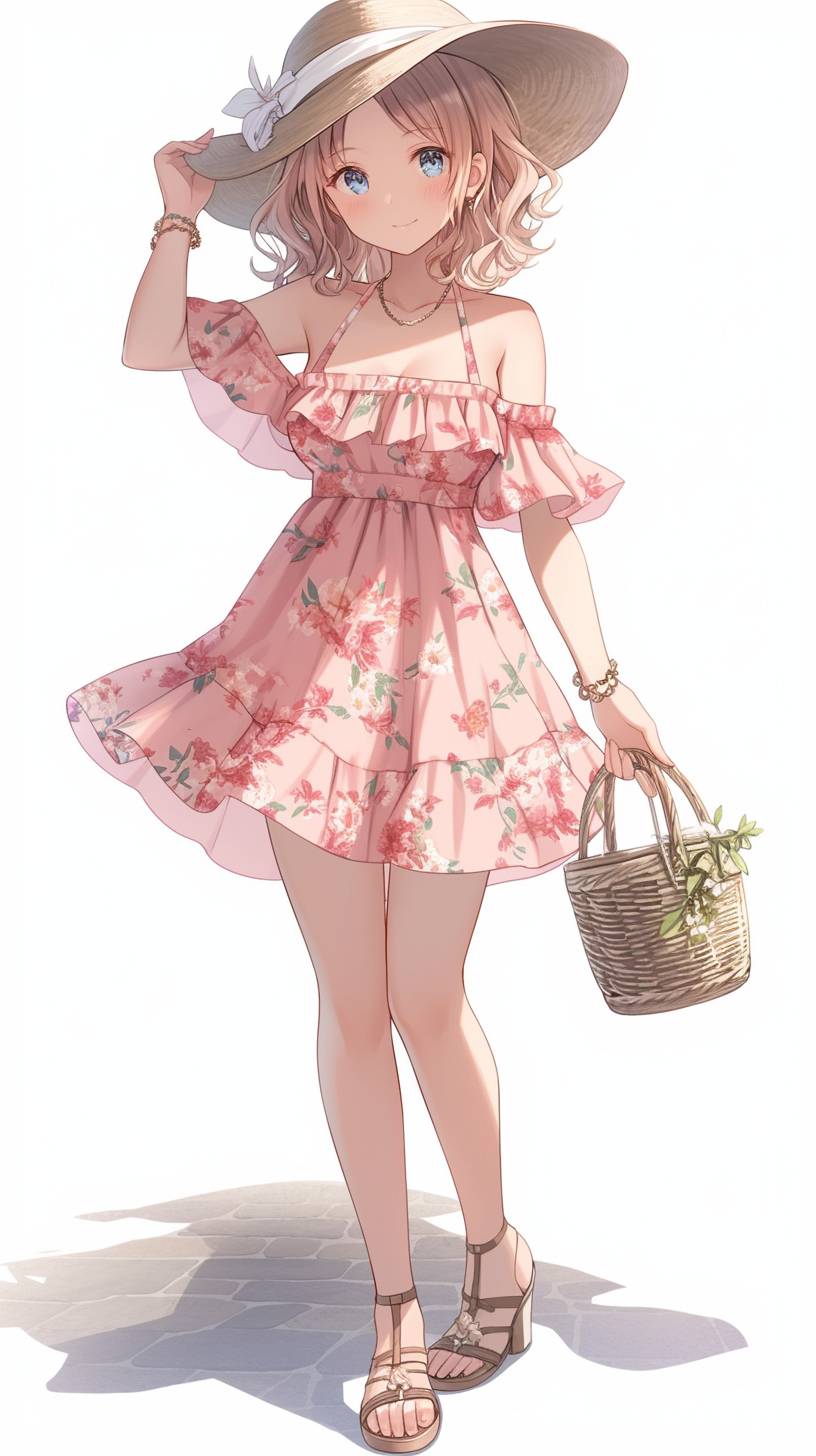 Fille d'anime dans une robe fleurie rose avec des manches froncées, inspirée par le style ludique de Reese Witherspoon.