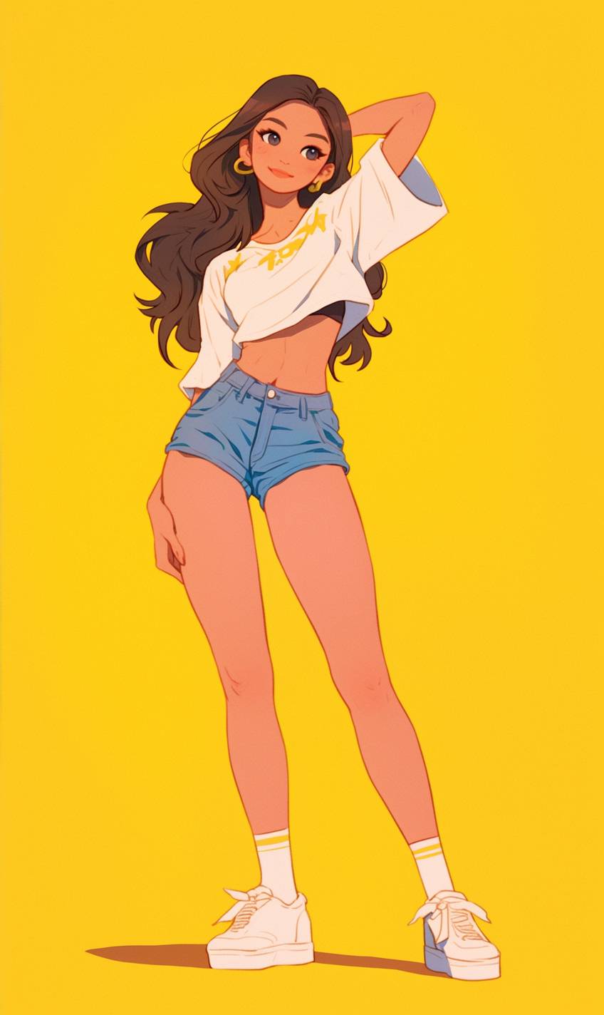 Uma garota de desenho animado com shorts de jeans de cintura alta, cropped top branco e tênis brancos, transmitindo uma vibe de verão despreocupada.