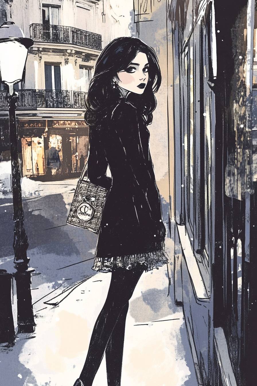 A girl in vintage-inspired Chanel and classic pumps with dark romantic hair on a Paris street.