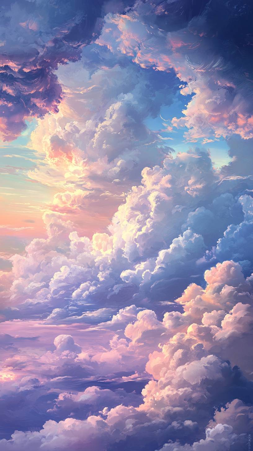 Soft pastel sky at dawn with gentle clouds and warm light, creating a serene atmosphere.