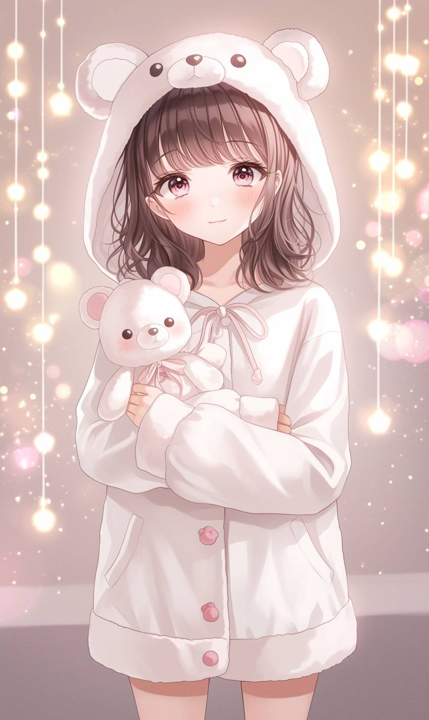 A girl in Gelato Pique bear ear pajamas holding a plush toy with fairy lights in the background.