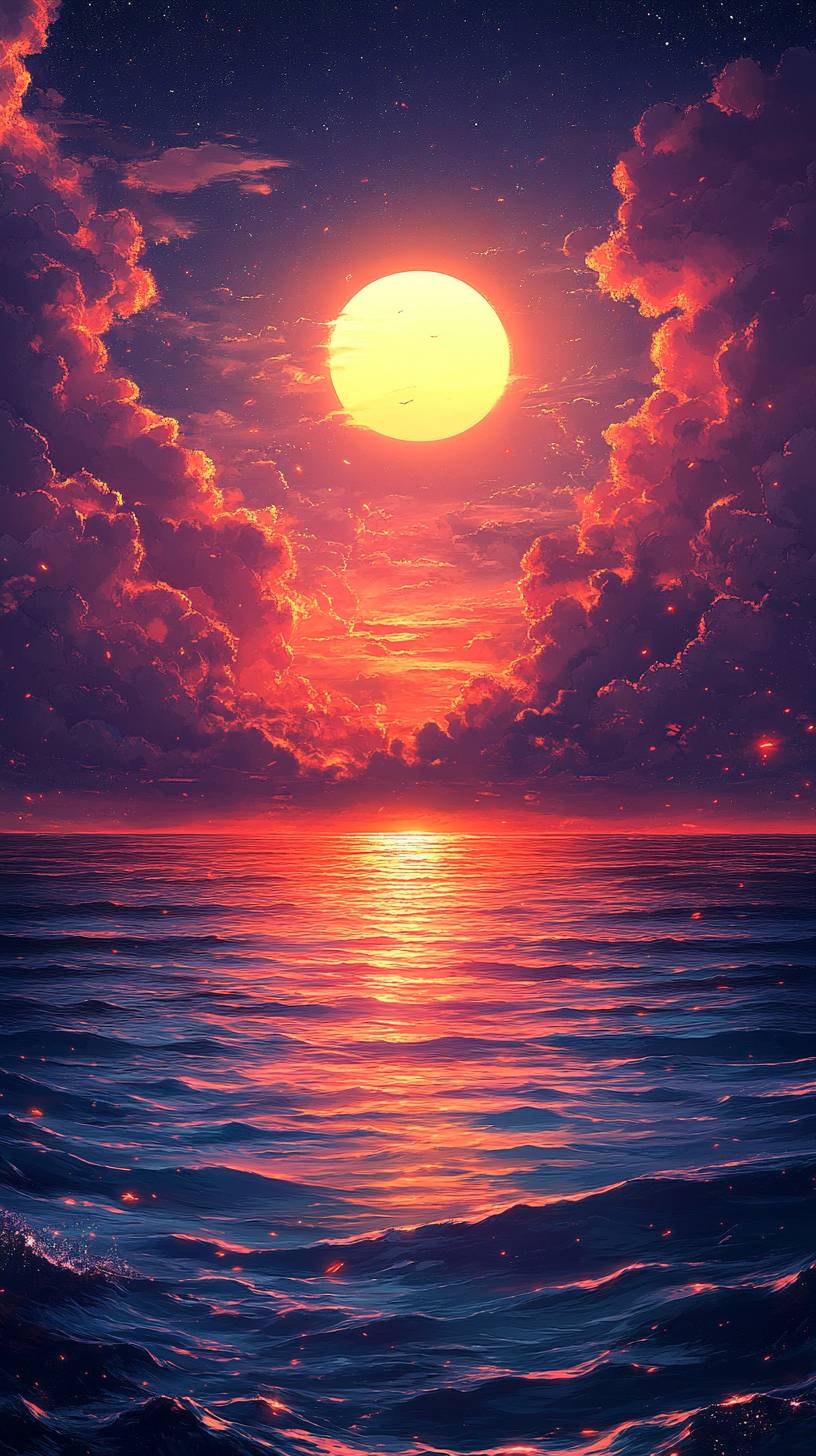 High-quality smartphone wallpaper, 8K ultra HD, vibrant sunset over the ocean, calm reflective water.