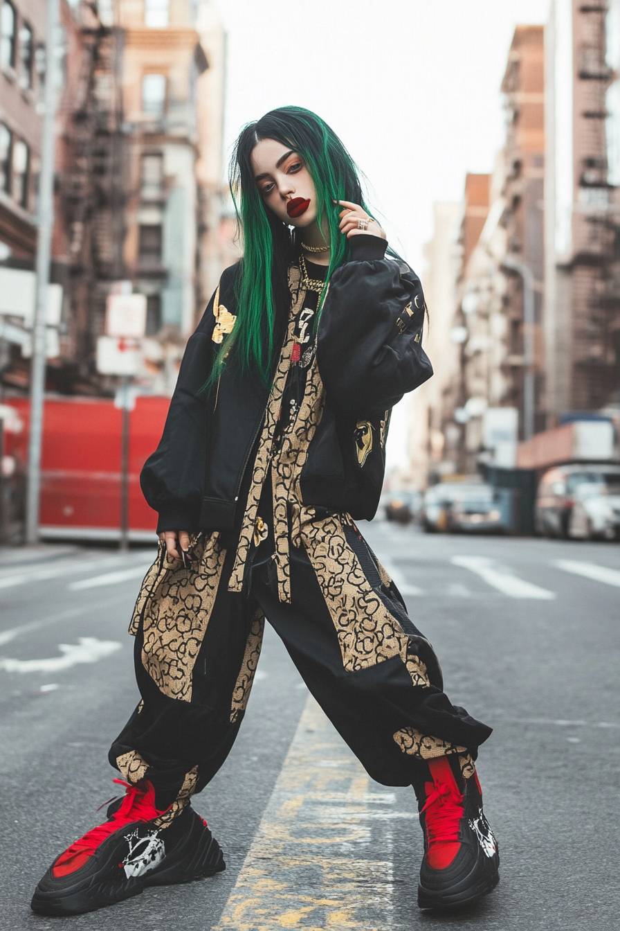 Ein Mädchen im Billie Eilish-Stil, das übergroße Gucci-Streetwear und klobige Sneakers trägt, mit grün-schwarzem Haar in einer urbanen Umgebung.