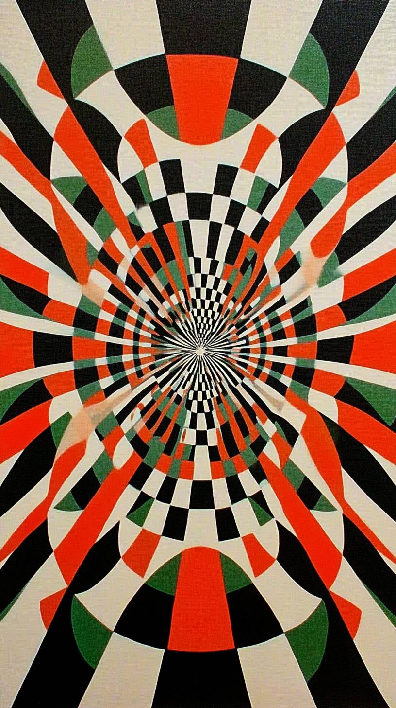 An Op Art illusionary grid using geometric patterns to create depth and movement.