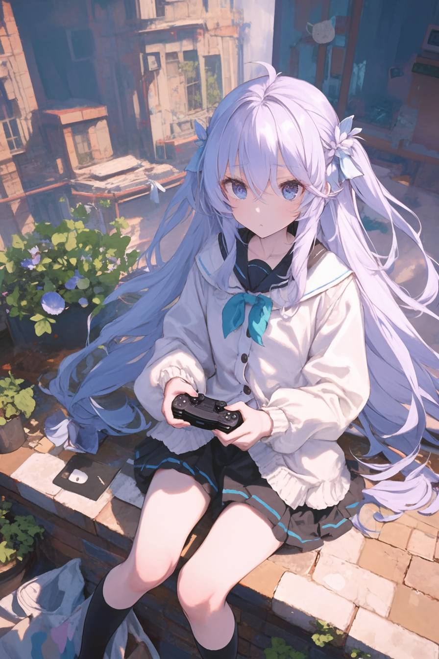 Shiro in a white hoodie and purple skirt plays a game on a park bench with a focused look.