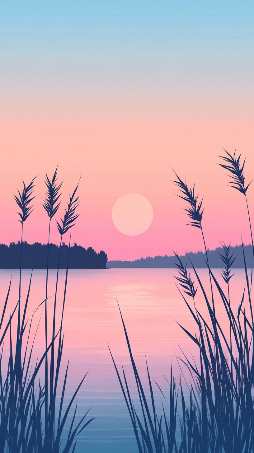 Quiet lake shore with swaying reeds and twilight colors in a minimalist scene.