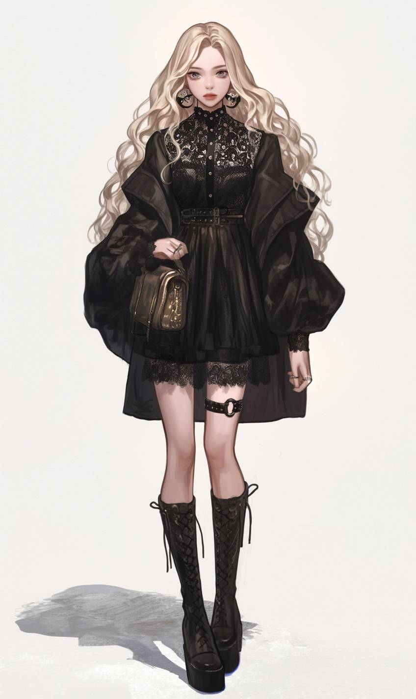 Une fille d'anime réaliste en CG avec de longs cheveux blonds, portant une robe en velours noir et des bottines à lacets, accessoirisée avec des bagues en argent et une petite pochette en cuir.