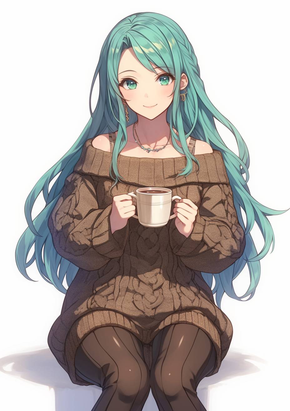 Moka Akashiya aus Rosario + Vampire ist im bequemen Stil mit einem übergroßen Pullover, schwarzen Leggings und braunen Stiefeln, mit einer Tasse Kaffee vor einem Café.