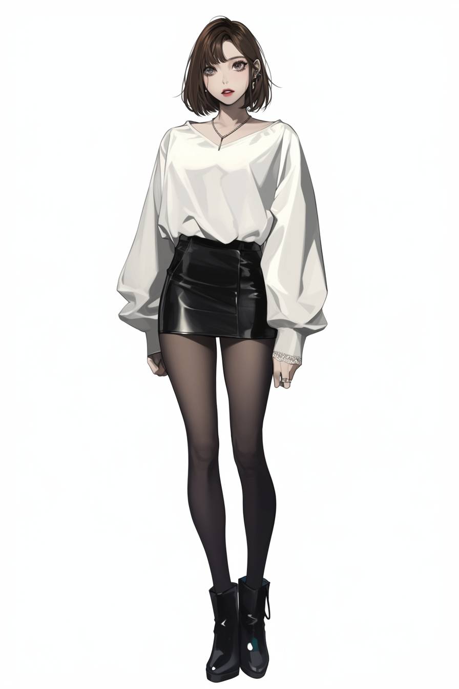 An anime girl in a leather mini skirt and white oversized blouse.