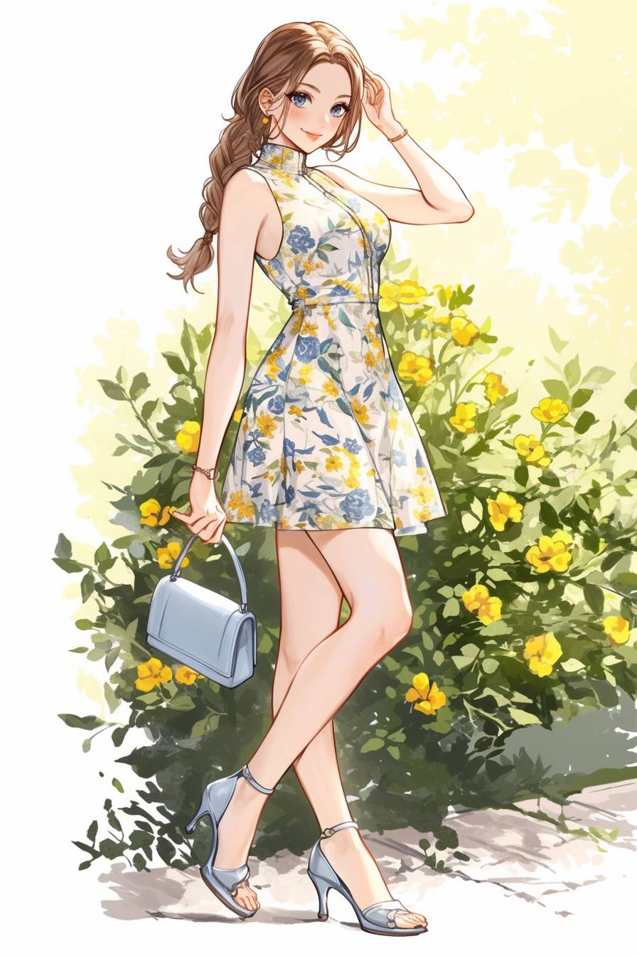 Ein Mädchen trägt ein Blumenkleid von Reformation, Steve Madden High Heels und eine Kate Spade Clutch, mit geflochtenen Haaren in einer Gartenparty-Umgebung.