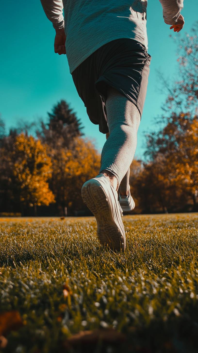 Courir sur l'herbe verte, portant des vêtements de sport.