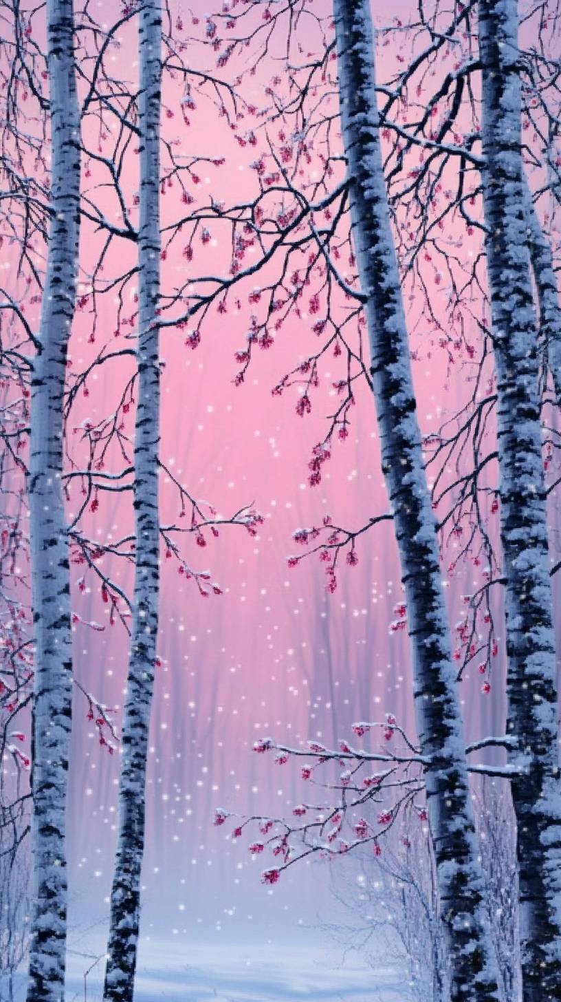 Winter birch forest, snow-covered branches, soft twilight, serene silence