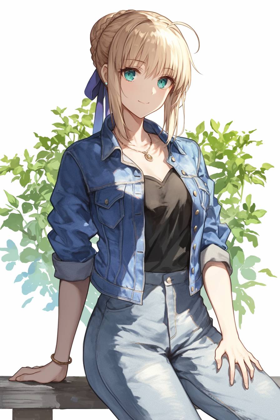 Saber de Fate/stay night con ropa casual y elegante está de pie frente a un café con una expresión tranquila y decidida.