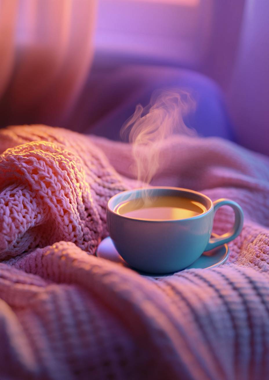 Une couverture pastel douillette et une tasse de thé fumante créent une atmosphère chaleureuse.