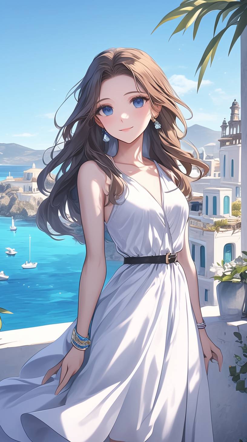 Chica de anime griega con un vestido blanco fluido y sandalias doradas, maquillaje de playa y fondo de cielo azul.