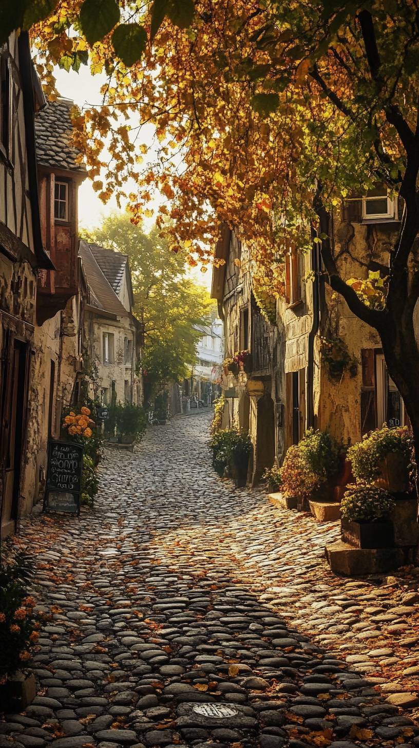 Encantadoras calles adoquinadas de un tranquilo pueblo europeo, bañadas en la suave luz dorada del otoño, con hojas cayendo y un sentido de nostalgia y calma.